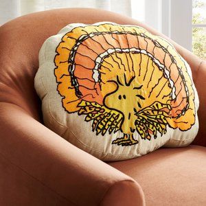 Pottery Barn PEANUTS WOODSTOCK Turkey PILLOW Thanksgiving LINEN EMBROIDERED NWT